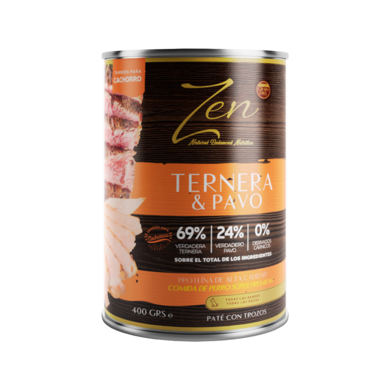 Lata de Zen Paté con trozos de ternera y pavo para perros 400 gr.