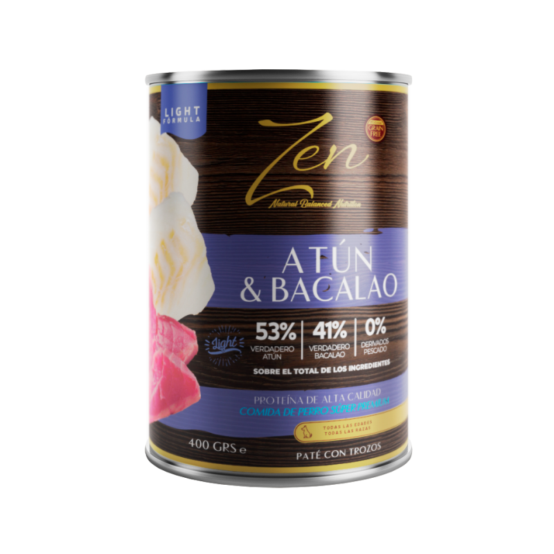 Lata de paté de atún y bacalao para perros de la marca Zen.