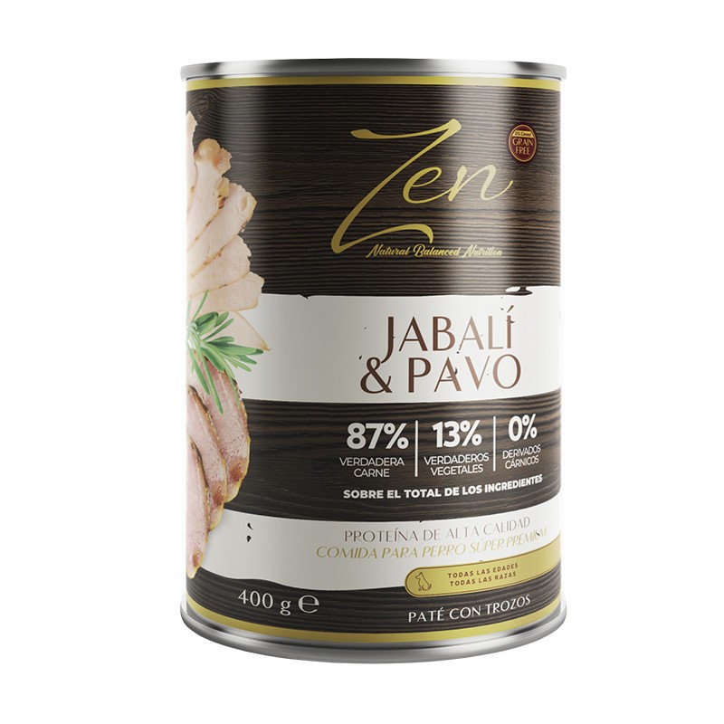 Lata de Zen paté con trozos jabalí y pavo para perros 400 gr