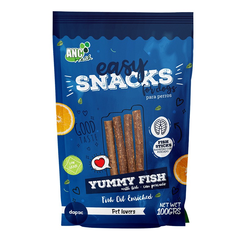 Bolsita de snacks de pescado de la marca fresh.