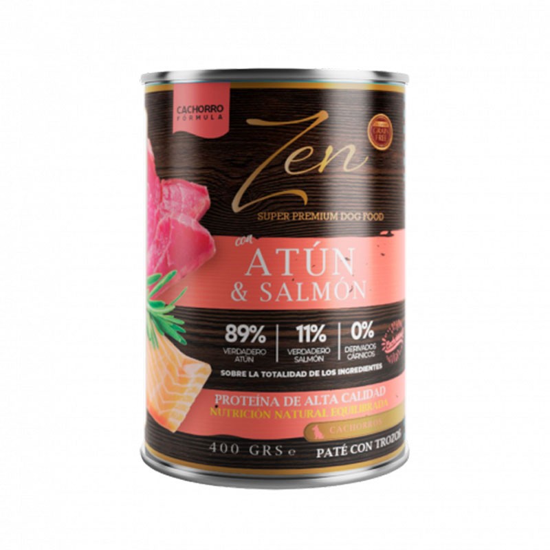 Can of pâté with tuna chunks and salmon for dogs