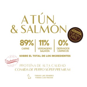 Ingredientes de paté con trozos de atún con salmón para perros