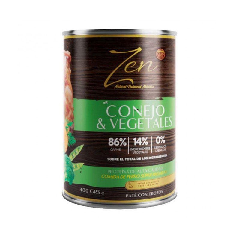 Lata de paté con trozos de conejo con vegetales para perros de la marca Zen.