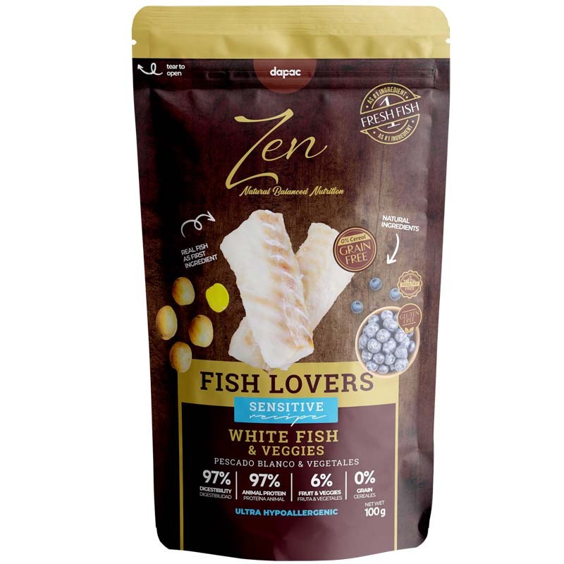 Envase de color marrón y dorado con el pescado blanco en el centro.