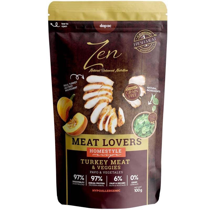 Imagen de la bolsita para perros de comida humeda de zen, bolsita marron y dorada con los ingredientes en portada