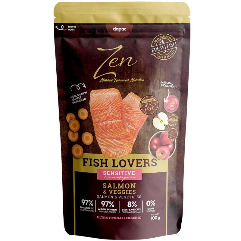 Paquete de color marrón y dorado con un trozo de salmón en portada.