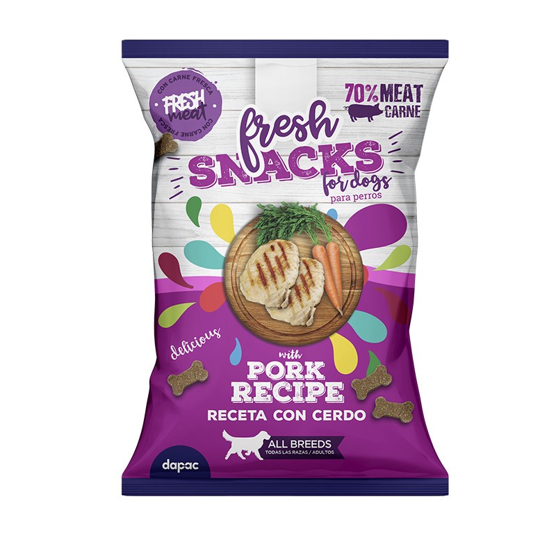 Bolsita de Snacks de cerdo para mascotas, de la marca Fresh