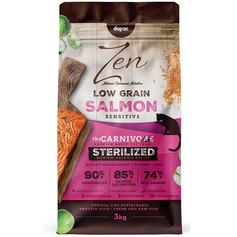 Envase de alimento completo para gatos adultos esterilizados. Zen Cat Low Grain Sensitive Salmon Sterilized Adult 3 kg