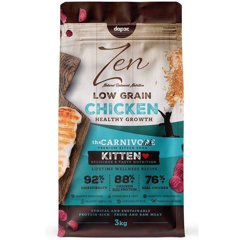 Envase de alimento completo para gatitos, Zen Cat Low Grain Kitten 3 kg