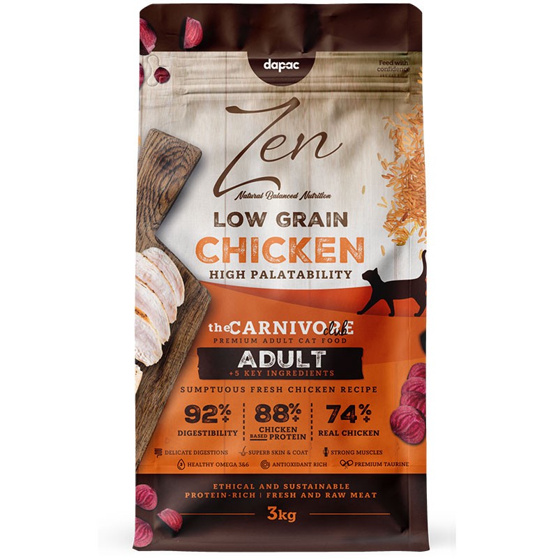 Envase de alimento para gatos, Zen Cat Low Grain Cat Chicken Adult 3 kg.