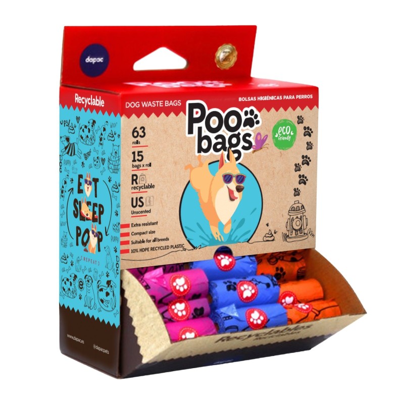 Caja expositor de bolsas para recogida de heces de perros. Color marró y rojo