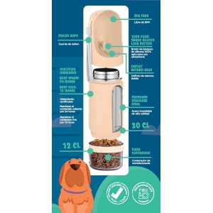 Características y detalles del bebedero portátil para perro de color rosa.