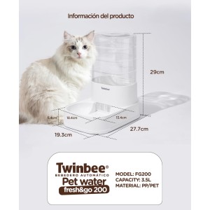 Medidas e información del bebedero para gatos tolva Twinbee FG 200 3,5L