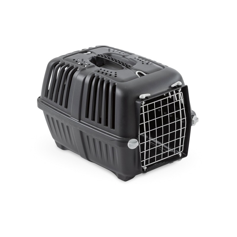 Imagen de un transportin para perro o gato de color negro reciclado de la marca Pratiko con puerta de metal