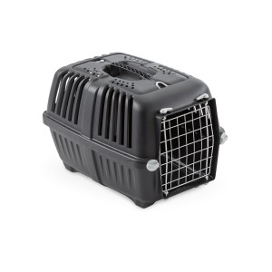 Imagen de un transportin para perro o gato de color negro reciclado de la marca Pratiko con puerta de metal