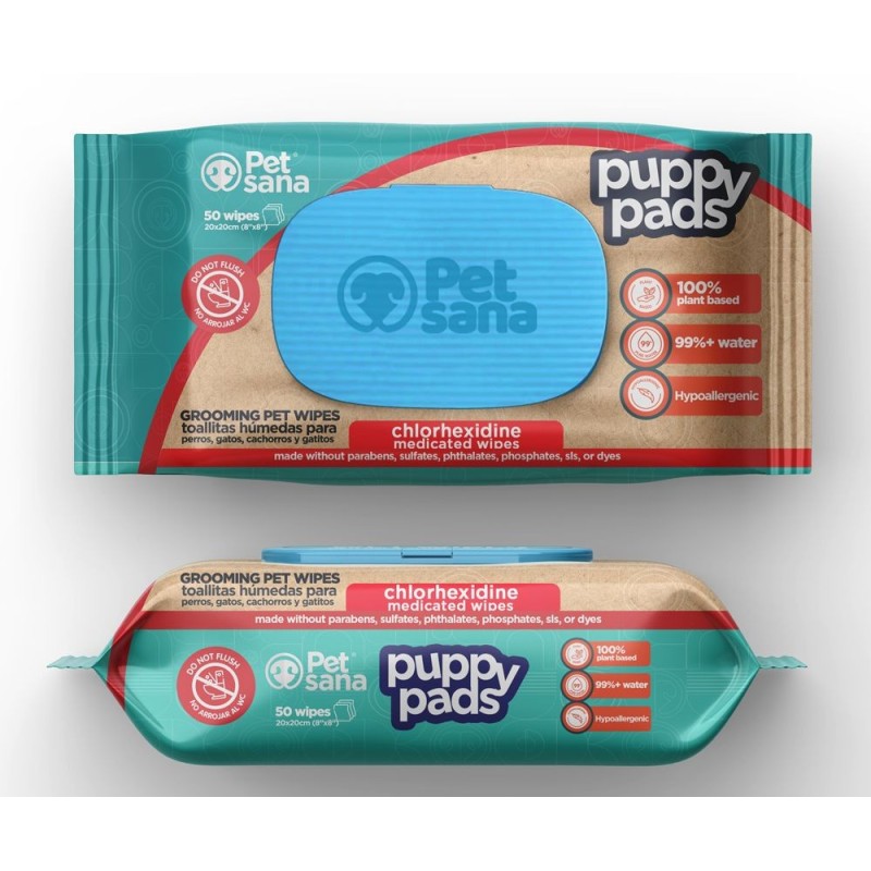 Envase de toallitas humedas PetSana Puppy Wipes para perros y gatos