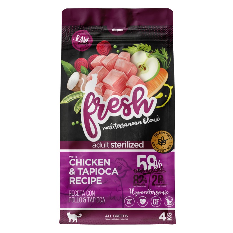 Saco de alimento seco para gatos de la marca Fresh. Elaborado con pollo y tapioca.
