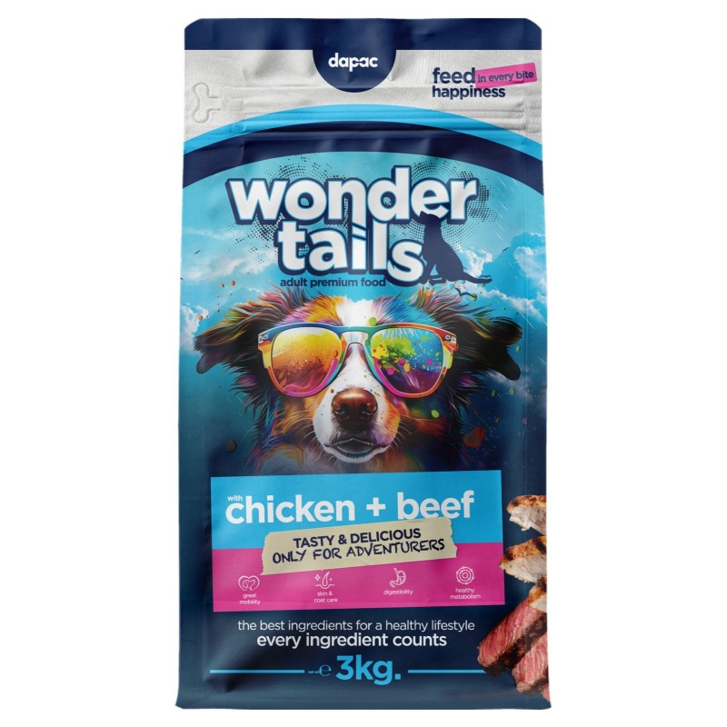 Parte delantera del saco de pienso para perros activos, con muchos colores en el cual aparece un perro con gafas.