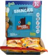 Imagen frontal de una colorida caja azul de bolsitas de snacks para mascotas.