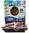 "Caja de snacks frontal para perros Fresh Snacks con receta de cordero, 25 unidades, ingredientes naturales, precio 1 euro"