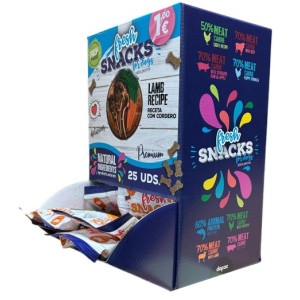 "Caja de snacks frontal para perros Fresh Snacks con receta de cordero, 25 unidades, ingredientes naturales, precio 1 euro"