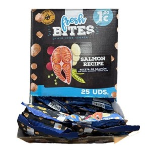 Caja frontal de Bolsas de snacks de salmón para perros de la marca Fresh Snack