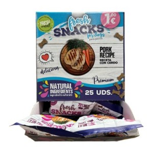 Caja frontal de Bolsitas de snacks baja en calorías para perros de la marca Fresh Snacks.