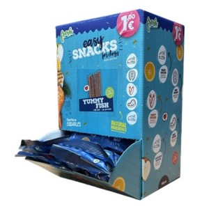 Caja lateral de Bolsitas de snacks de pescado de la marca fresh.