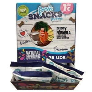 Imagen frontal de caja de Snacks de la marca Fresh para mascotas, formula especial para cachorros