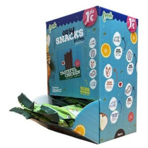 Imagen lateral de la Caja de bolsitas de Barritas de pollo para mascotas de la marca Easy Snacks.