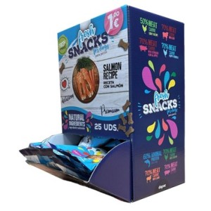 Caja lateral de bolsitas de snacks para perros de la marca Fresh.