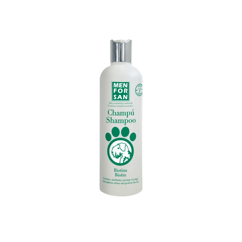 Imagen de un bote blanco de Champú natural con biotina para perros 300 ml
