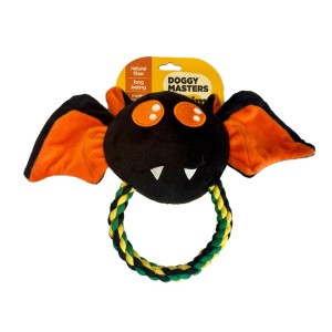 Imagen de un tirador para perro con forma de murciélago con etiqueta naranja.