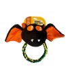 Imagen de un tirador para perro con forma de murciélago con etiqueta naranja.