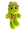 Imagen de un peluche para perro con forma de monstruo de color verde Fluor con etiqueta naranja para su venta