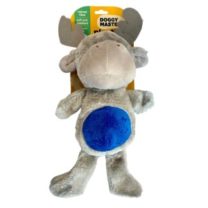 Pelucho para perro con forma de reno. De color Gris y barriga de color azul con etiqueta naranja para su venta.