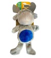 Pelucho para perro con forma de reno. De color Gris y barriga de color azul con etiqueta naranja para su venta.