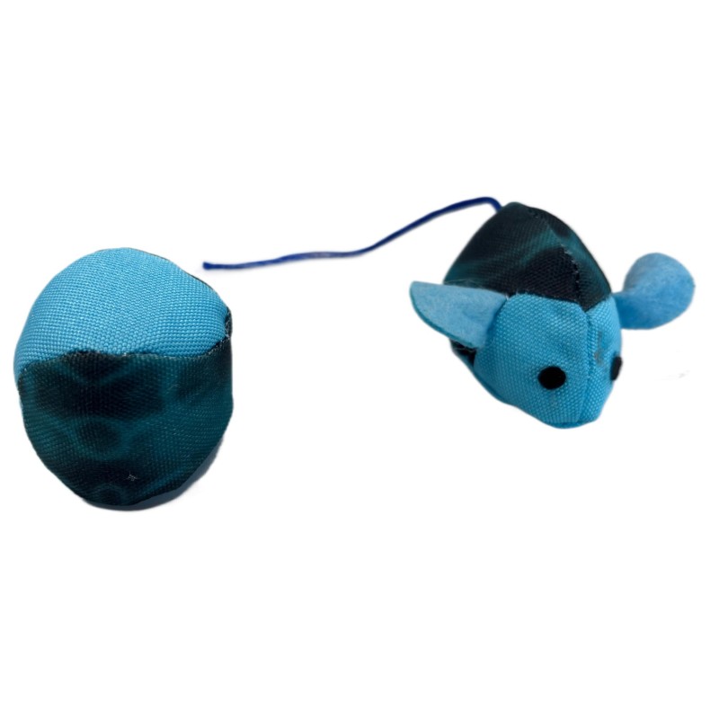 Imagen de juguete para gato con forma de pececillo azul y pelota de color azul.