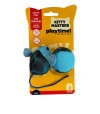 Imagen de juguete para gato con forma de pececillo azul y pelota de color azul con etiqueta para su venta.