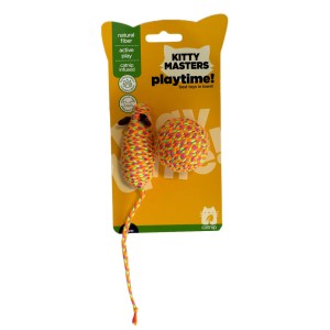 Imagen de un juguete para gato. Ratón y pelota de color naranja y beige