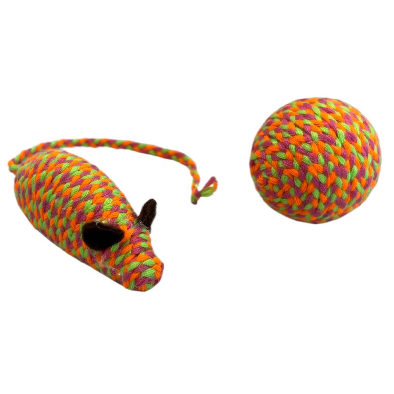 Imagen de un juguete para gato. Ratón y pelota de color naranja y beige