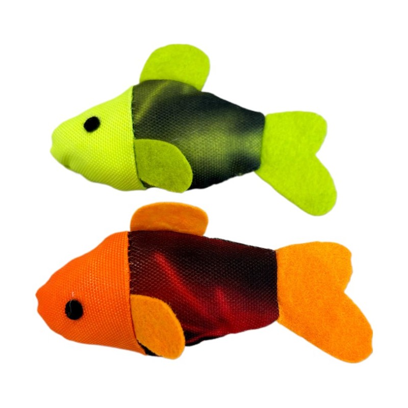 juguete para gatos, dos peces de color naranja y fluor.