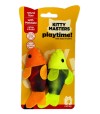 juguete para gatos, dos peces de color naranja y fluor con etiqueta.