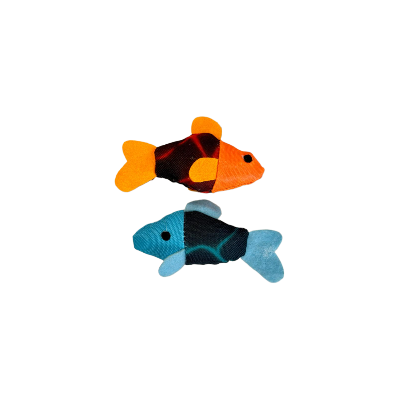 Peluche para gatos, peces de color azul y naranja.
