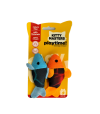 Peluche para gatos, peces de color azul y naranja con etiqueta de color naranja para su venta.