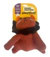 Divertido peluche para perros con forma de toro de color rojo con etiqueta naranja para su venta.