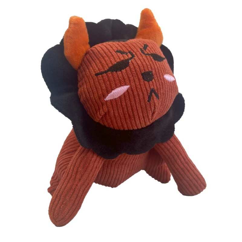 Divertido peluche para perros con forma de toro de color rojo.