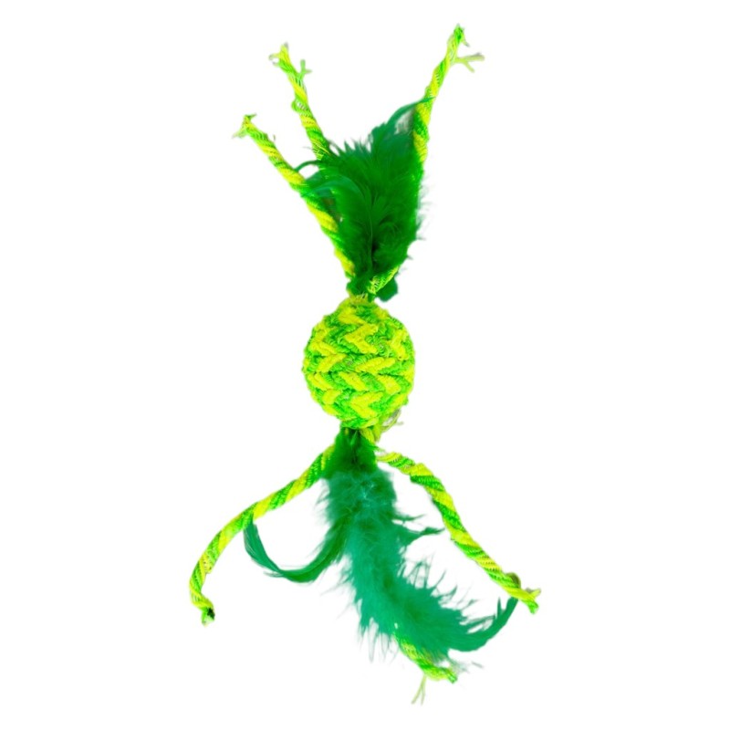 Imagen de una pelota de color verde con plumas de color verde, juguete para perro.