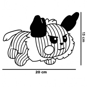 Trazo y medidas del peluche para perros, con forma de pícaro azul.