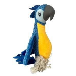 Imagen lateral de un peluche para perro con forma de guacamayo de color azul.